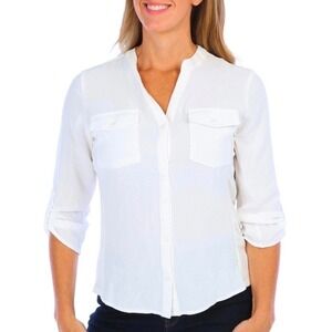 3rd + Malt Womens White Roll Tab Sleeve Button Down V-Neck Blouse Size Medium